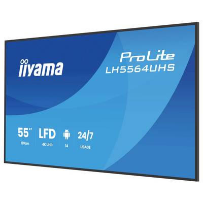 Digitální displej s označením "iiyama ProLite LH5564UHS". Vlastnosti: 55 palců, 4K UHD, Android, určen pro 24/7 provoz.