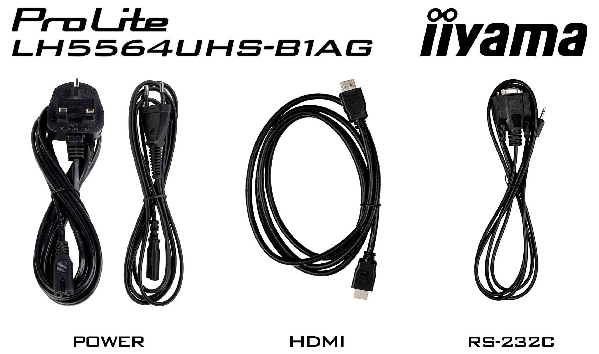 'ProLite iiyama LH5564UHS-B1AG' včetně dodaných kabelů: napájecí kabel, HDMI a RS-232C.