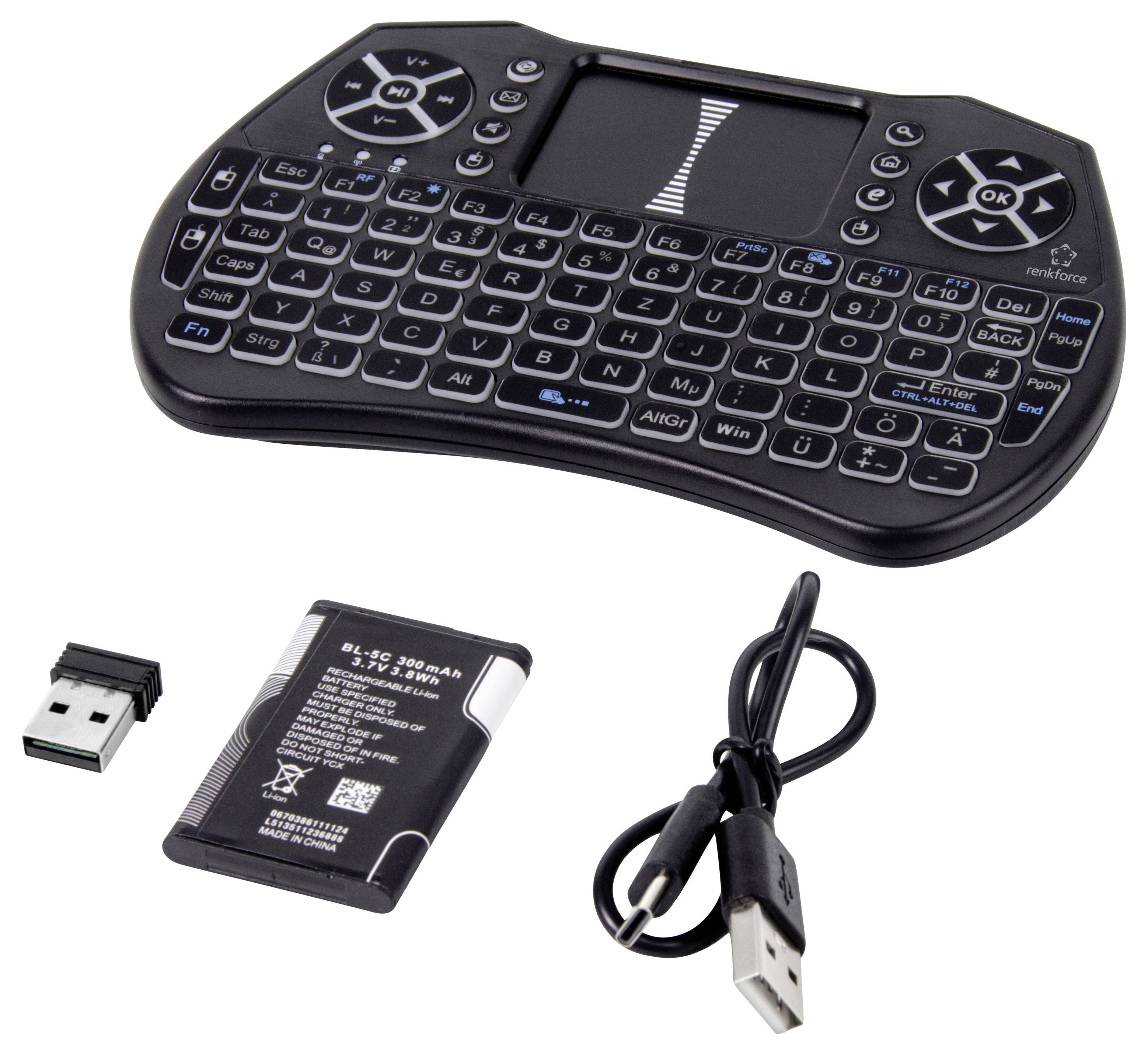 Bezdrátová mini klávesnice s touchpadem, USB přijímačem, nabíjecí baterií a USB nabíjecím kabelem zobrazeným na bílém pozadí.