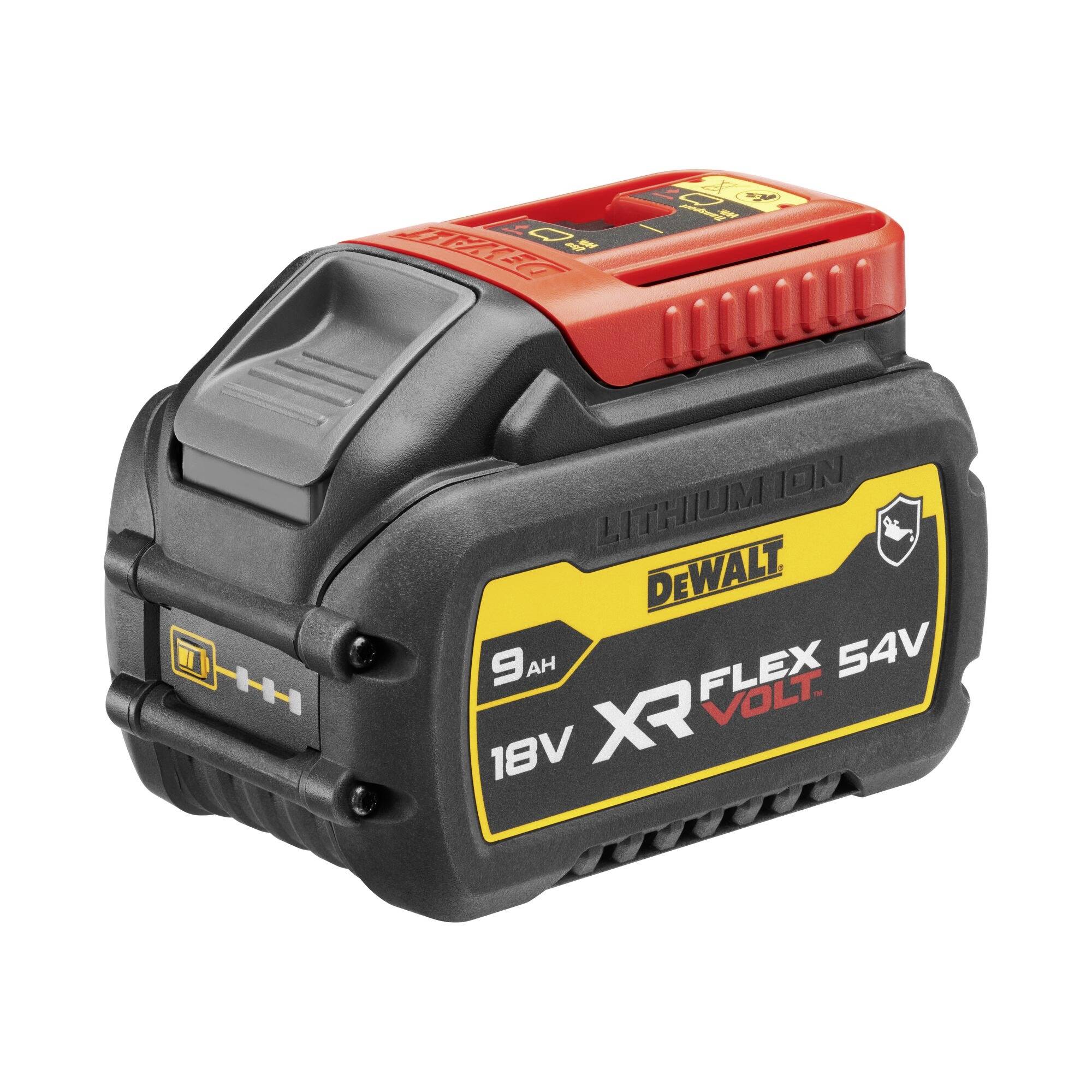 Baterie DeWalt FlexVolt, 18V/54V, kapacita 9Ah, černá s žlutými a červenými akcenty, logo a specifikace viditelné.