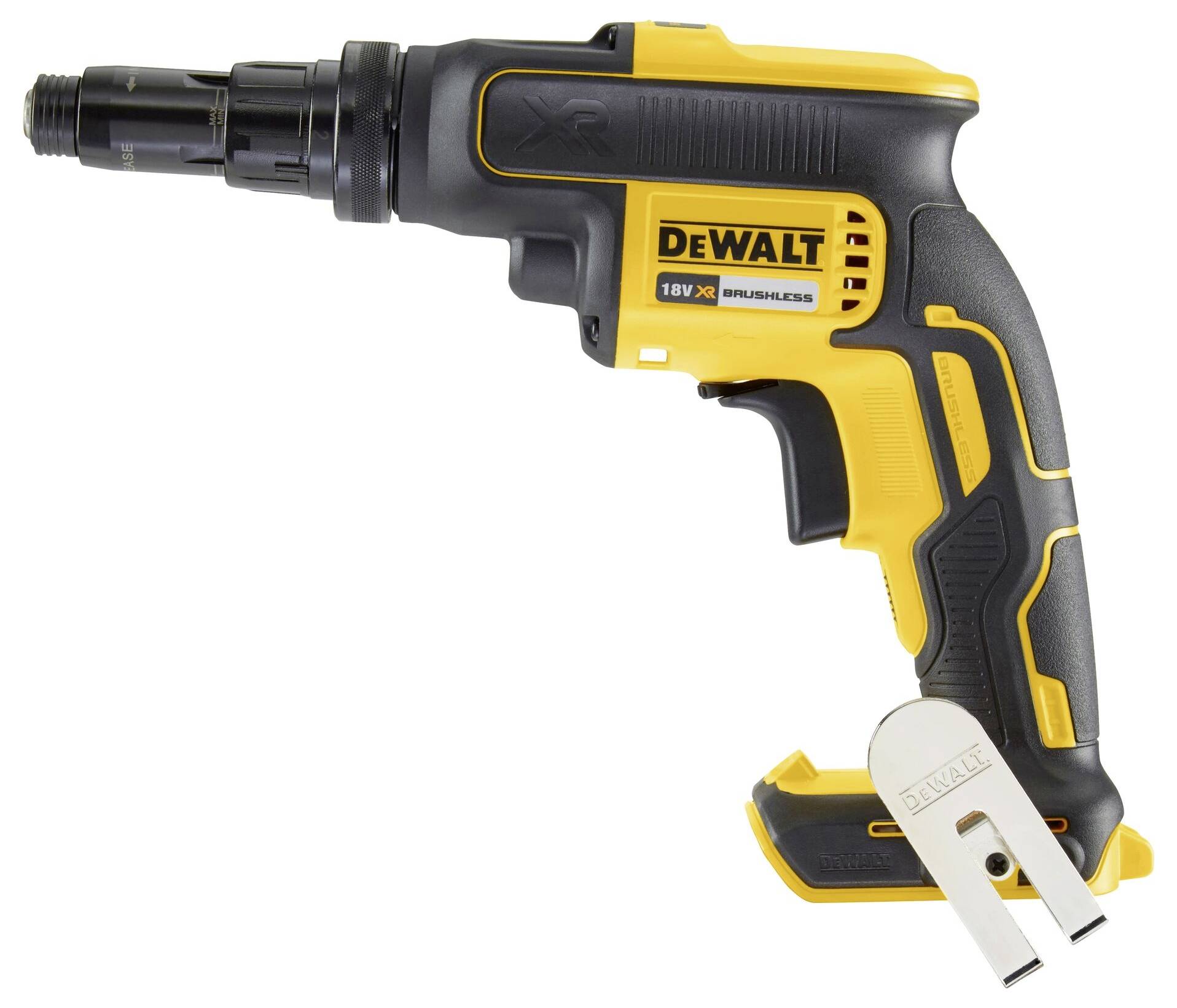 Žlutý a černý bezuhlíkový vrtací šroubovák DeWalt 18V XR s přívěsem na opasek.