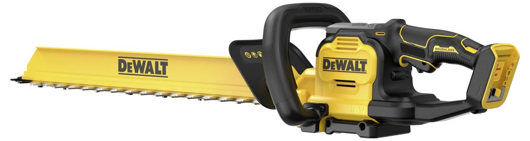 Žluto-černý nůžky na živý plot DeWalt s dlouhým čepelí a ergonomickou rukojetí, určené k střihání živých plotů a keřů.