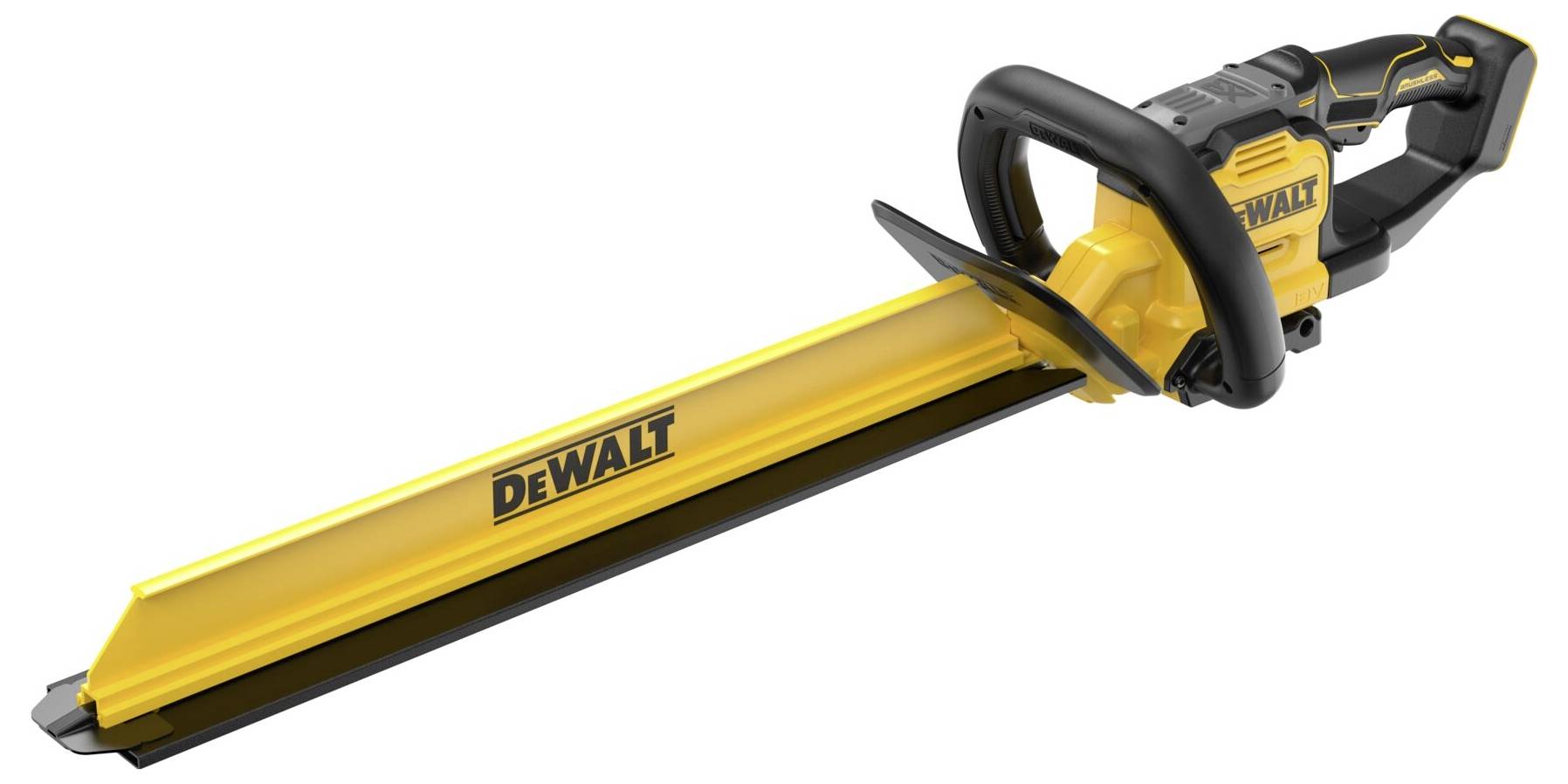 Žlutý a černý bezdrátový plotostřih s dlouhým listem, na kterém je vidět logo společnosti „DEWALT" na straně. Je určen pro venkovní použití bez kabelu.