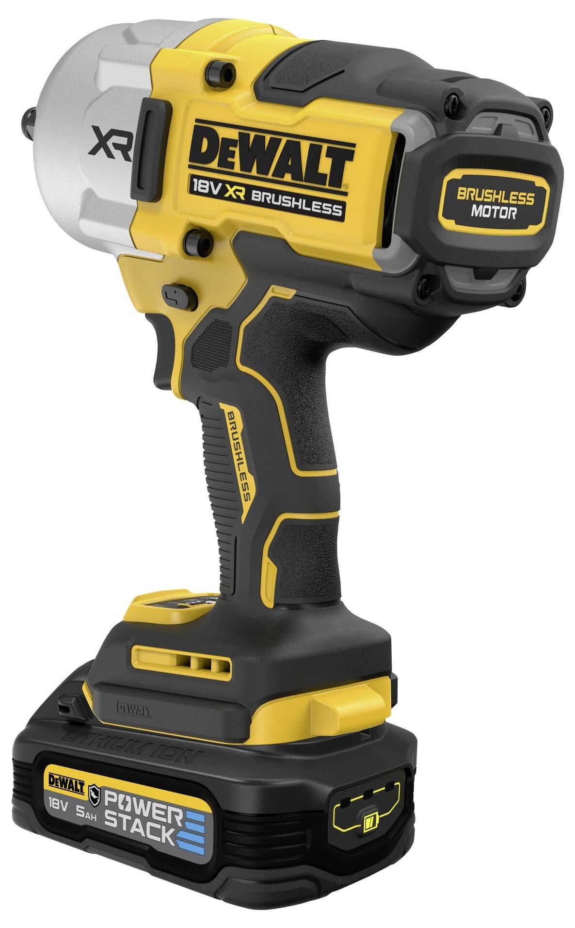 Žlutá a černá bezuhlíková vrtačka DeWalt s baterií 18V XR, na jejíž straně je nápis "BRUSHLESS MOTOR".
