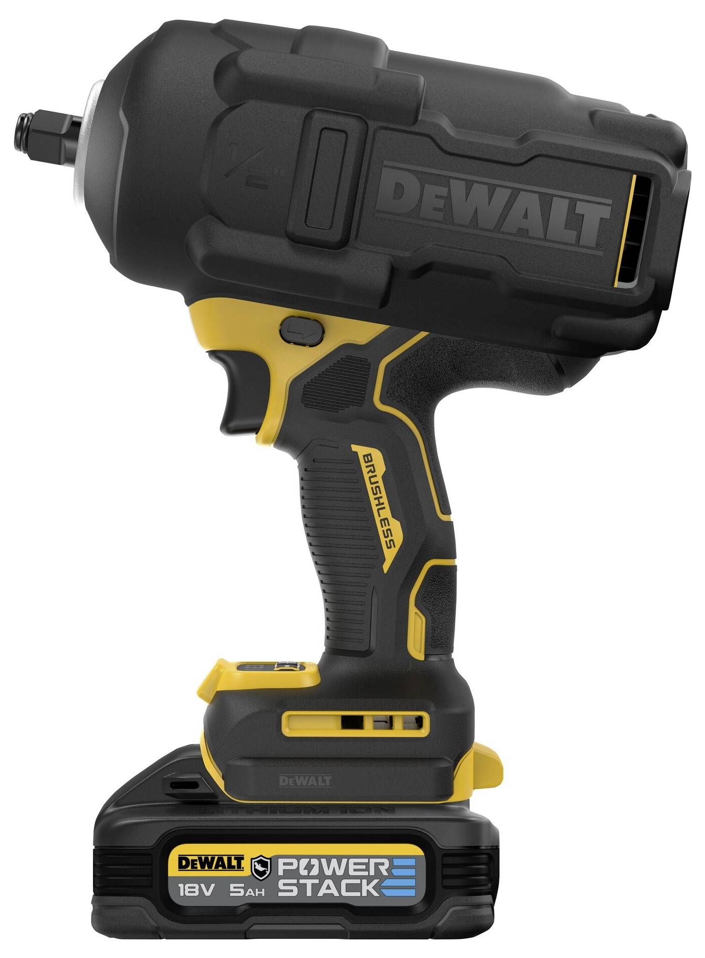 Bezdrátový rázový šroubovák v černé a žluté barvě s baterií označenou "DEWALT 18V POWERSTACK".