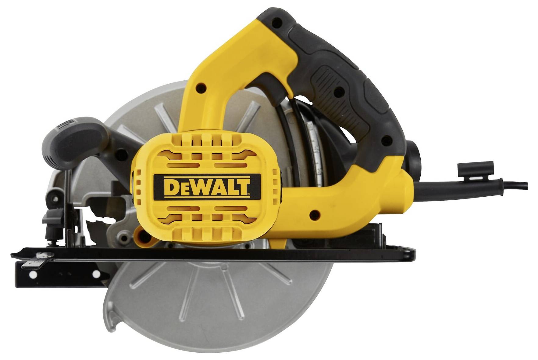 Žlutá a černá pila DeWalt s kovovým kotoučem, určená k řezání dřeva a jiných materiálů.
