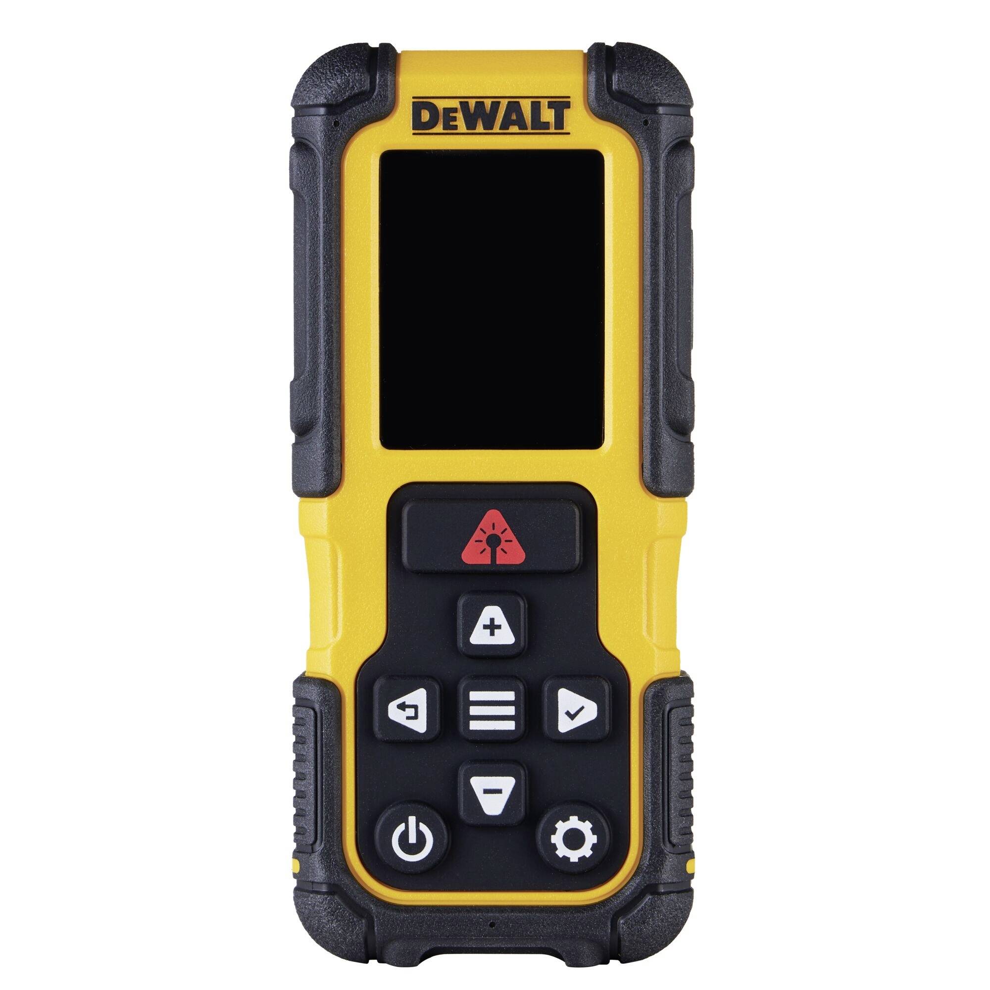 Ruční digitální měřicí nástroj DeWALT žluto-černé barvy s tlačítky a prázdnou obrazovkou.