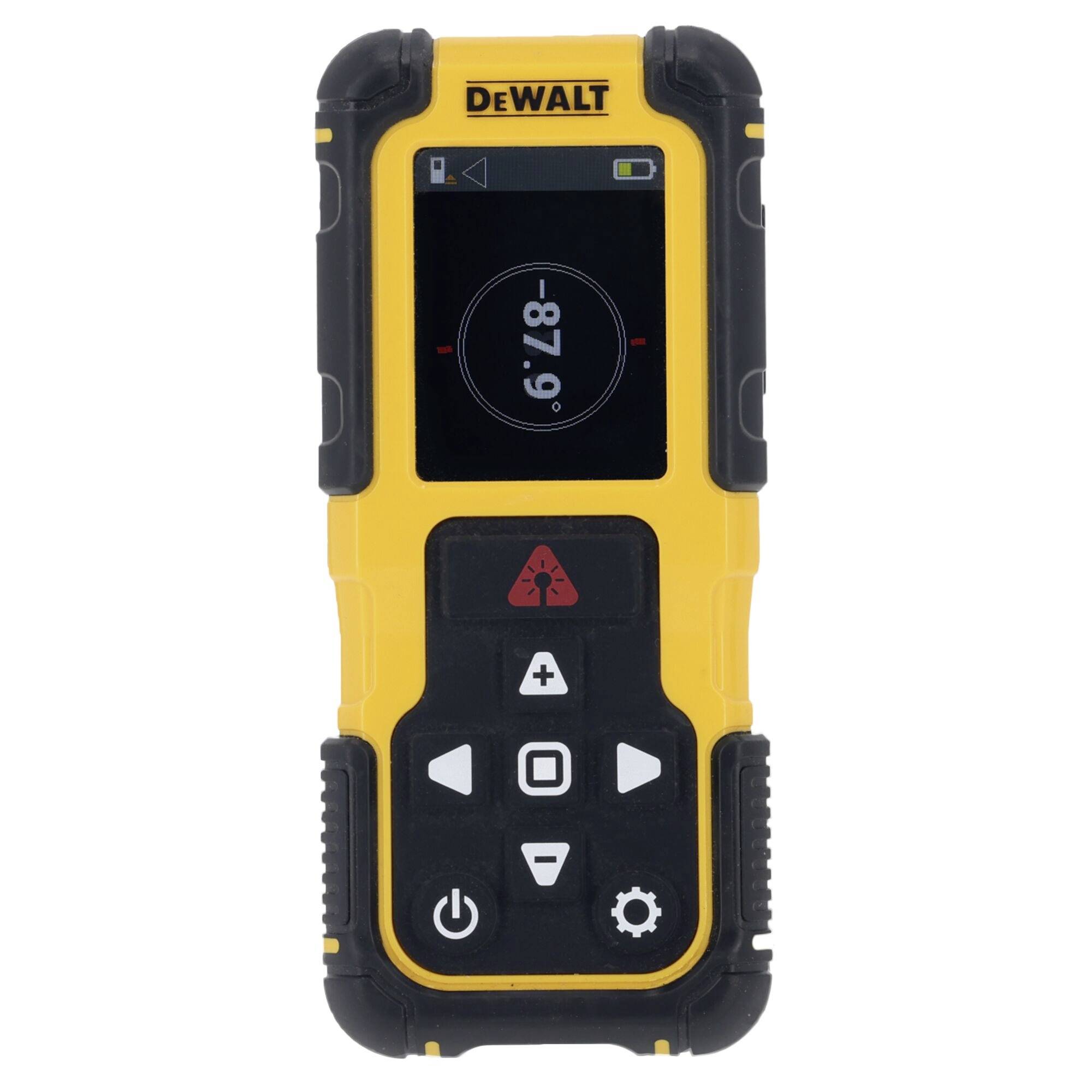 Žluto-černý laserový dálkoměr DeWalt zobrazuje na displeji "8,7 ft". Zařízení má několik tlačítek pro ovládání.