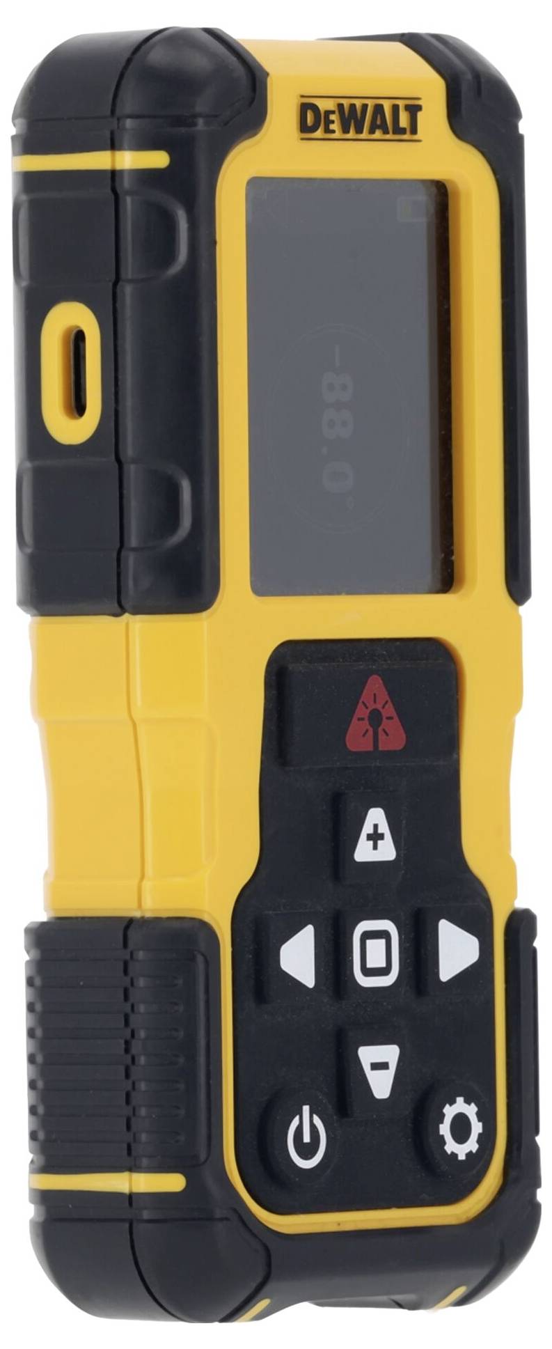 Metr vzdálenosti DeWalt s laserem, digitálním displejem, ovládacími tlačítky a robustním designem v žluté a černé barvě.