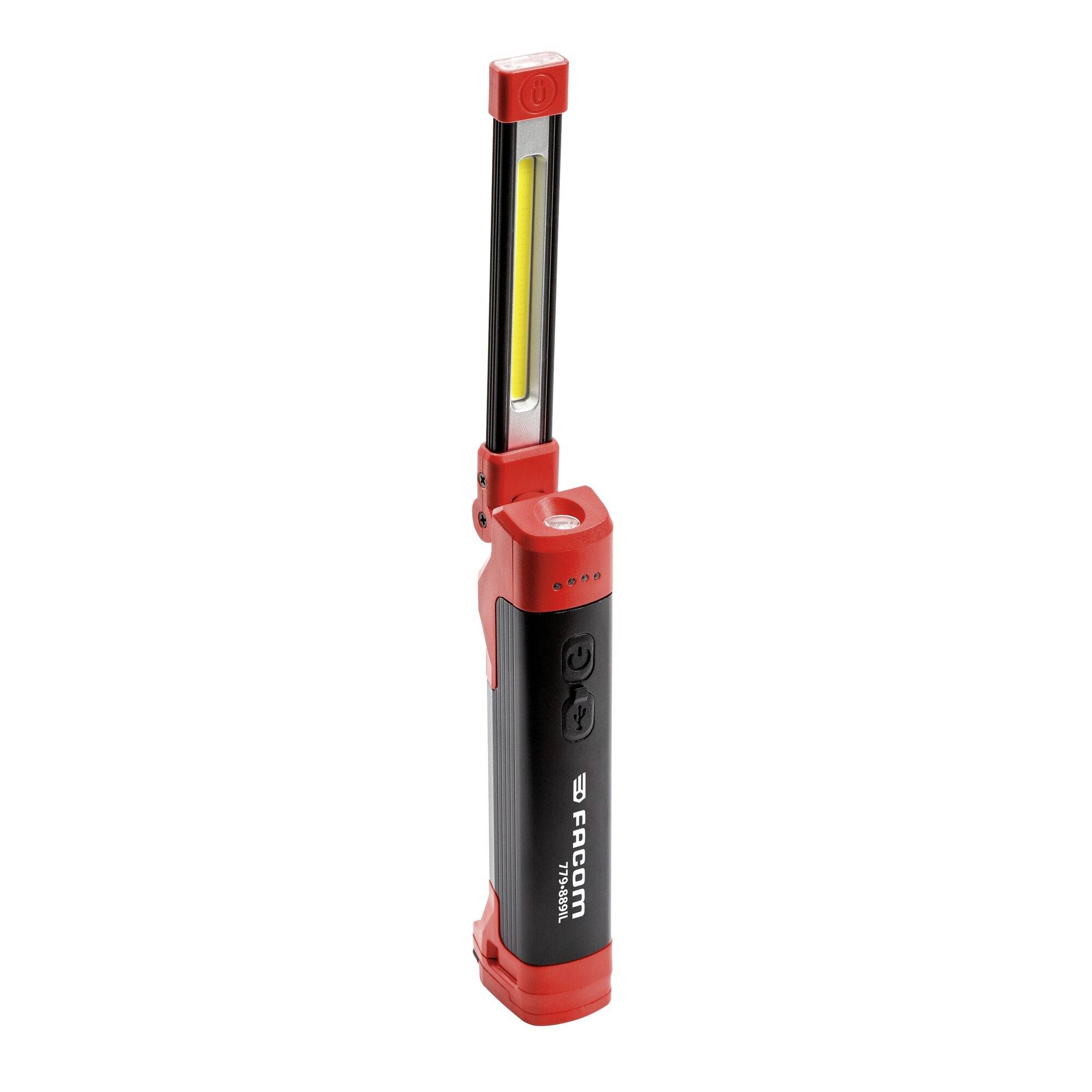 Červeno-černá přenosná LED pracovní lampa s tenkou krčí a tlačítkem zapnout/vypnout.