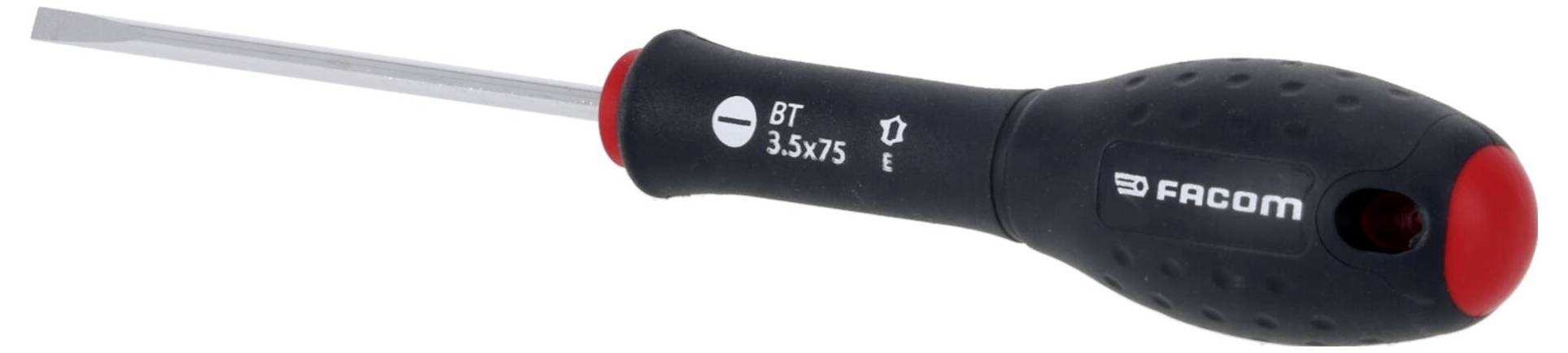 Zásuvný vrták 'Facom BT 3.5x75' s plochou čepelí a černým ergonomickým madlem s červenými akcenty, navržený pro přesné práce.