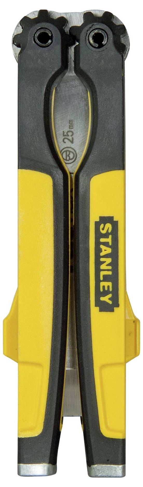 Žlutý a černý Stanley nástroj se dvěma madly, na kterém je vpředu vyznačen rozměr '25mm'.