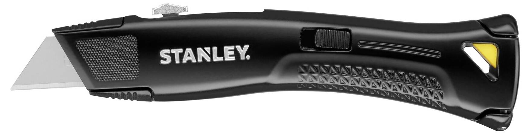 Zatahovací universální nůž značky 'Stanley' s černou ergonomickou rukojetí, ukazující částečně vysunutý nůž na levé straně.