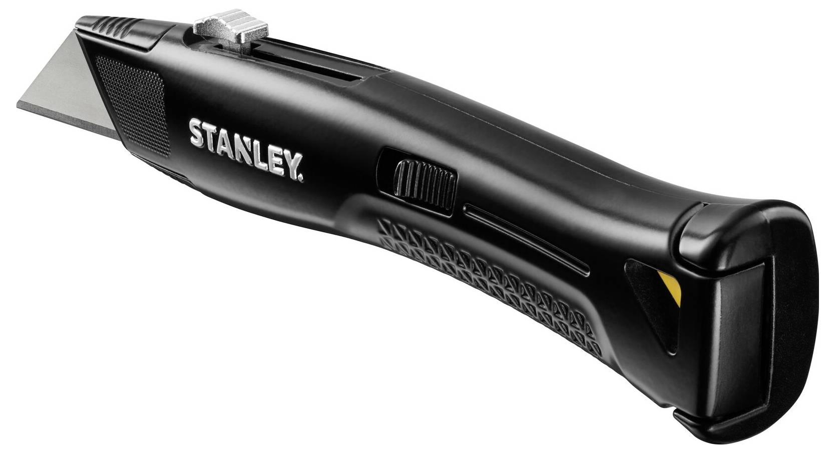 Černý univerzální nůž se zatahovací čepelí a gumovou rukojetí, na boku značený "Stanley".