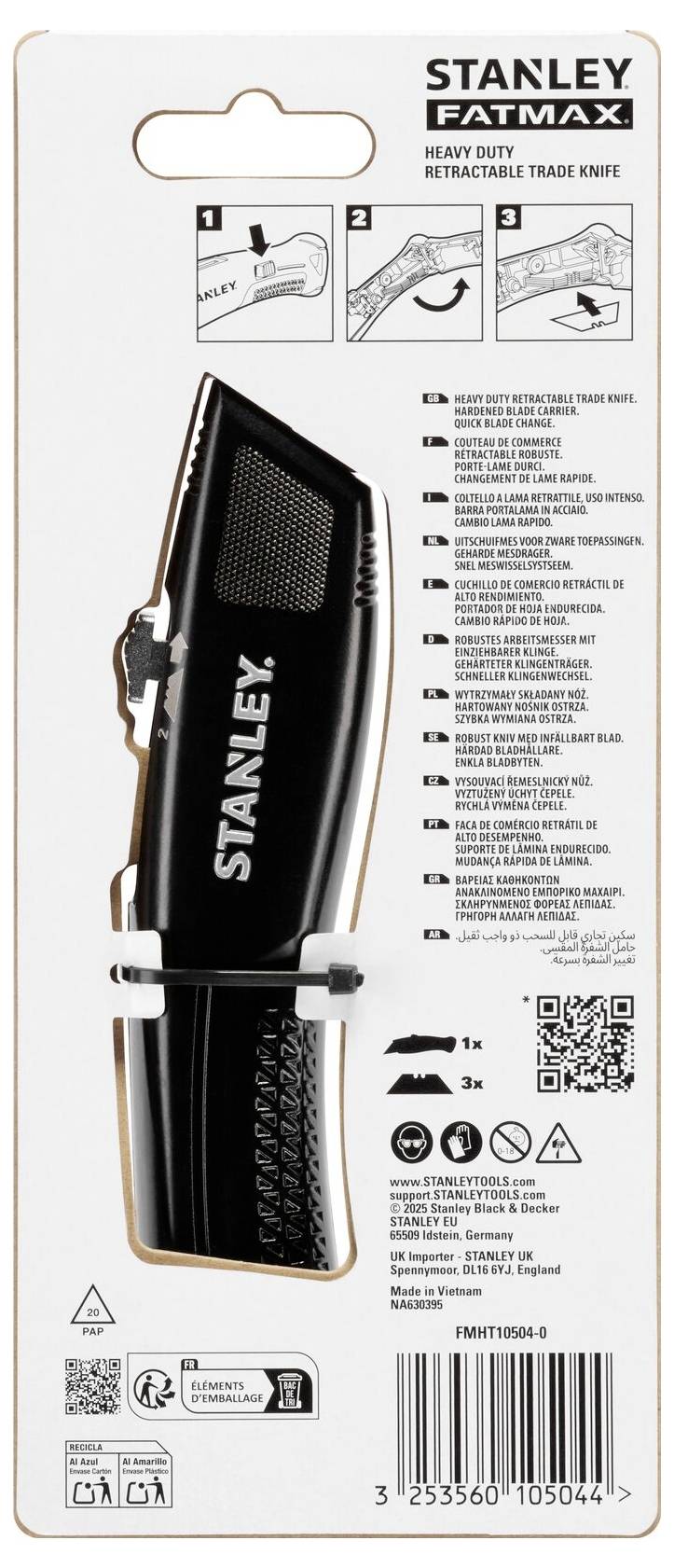 Balení "Stanley Fatmax Heavy Duty Retractable Trade Knife" zobrazující obrázek nože, vlastnosti, bezpečnostní pokyny a čárový kód.