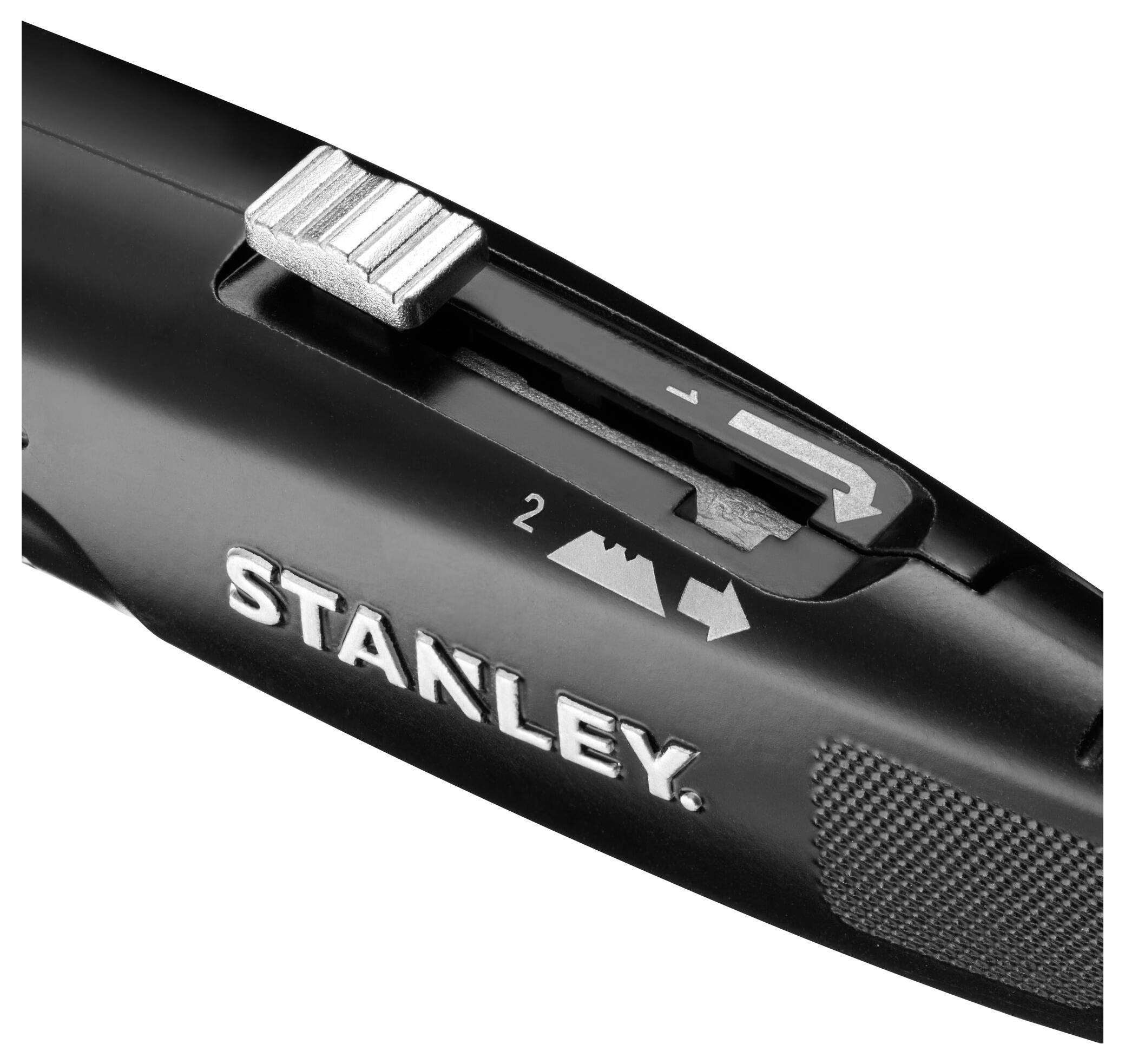 Nůž Stanley s nastavitelným mechanismem hloubky čepele s posuvníkem označeným „1" a „2" pro různé hloubky řezu.