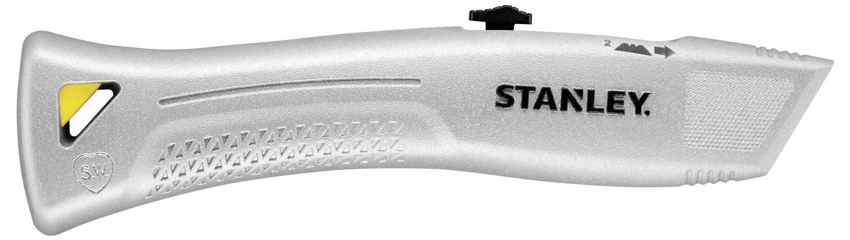 Stříbrný Stanley nůž na univerzální použití s vysouvací čepelí a ergonomickým designem rukojetí, opatřený strukturou griffu a symbolem bezpečnostního štítu.