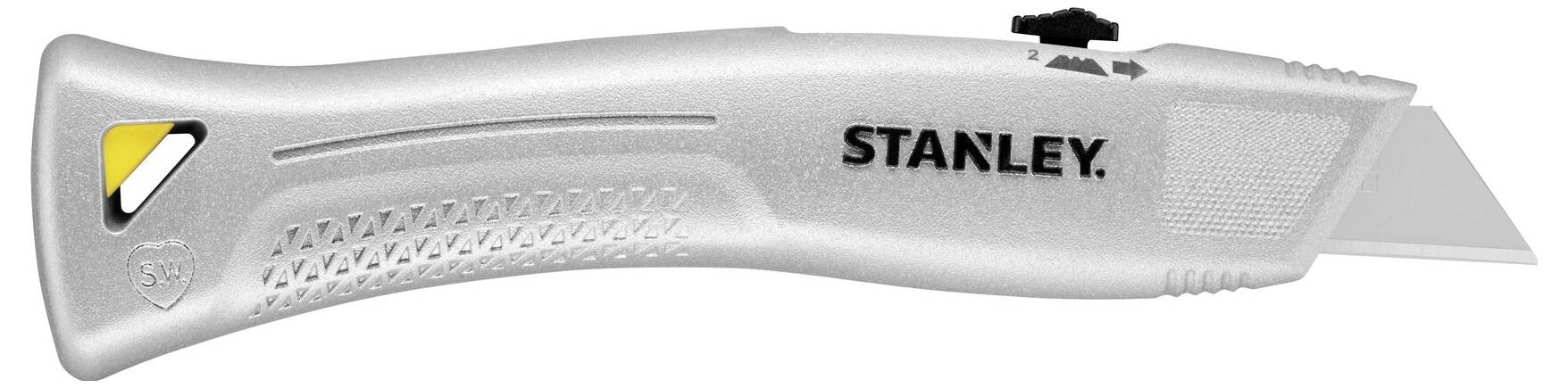 Stříbrný univerzální nůž s vysouvacím ostřím a značkou „Stanley" na rukojeti.