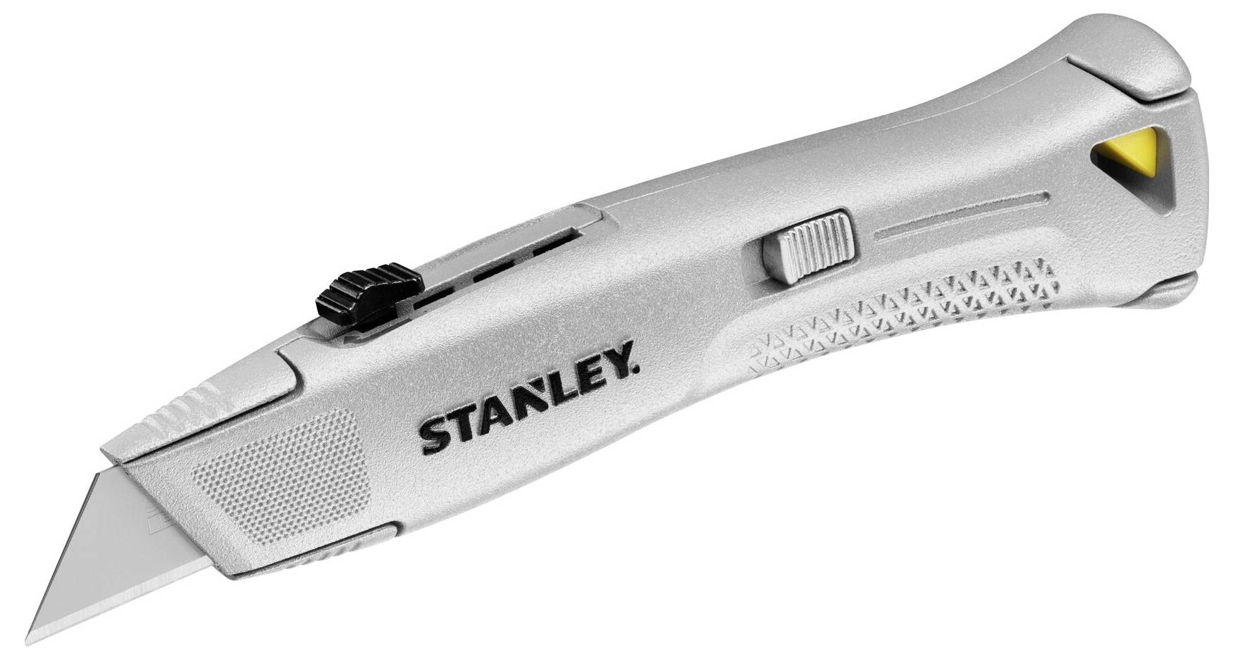 Stříbrný univerzální nůž s zatahovací čepelí, textureraným gripy a logem "Stanley" na straně. Čepel je vysunutá.