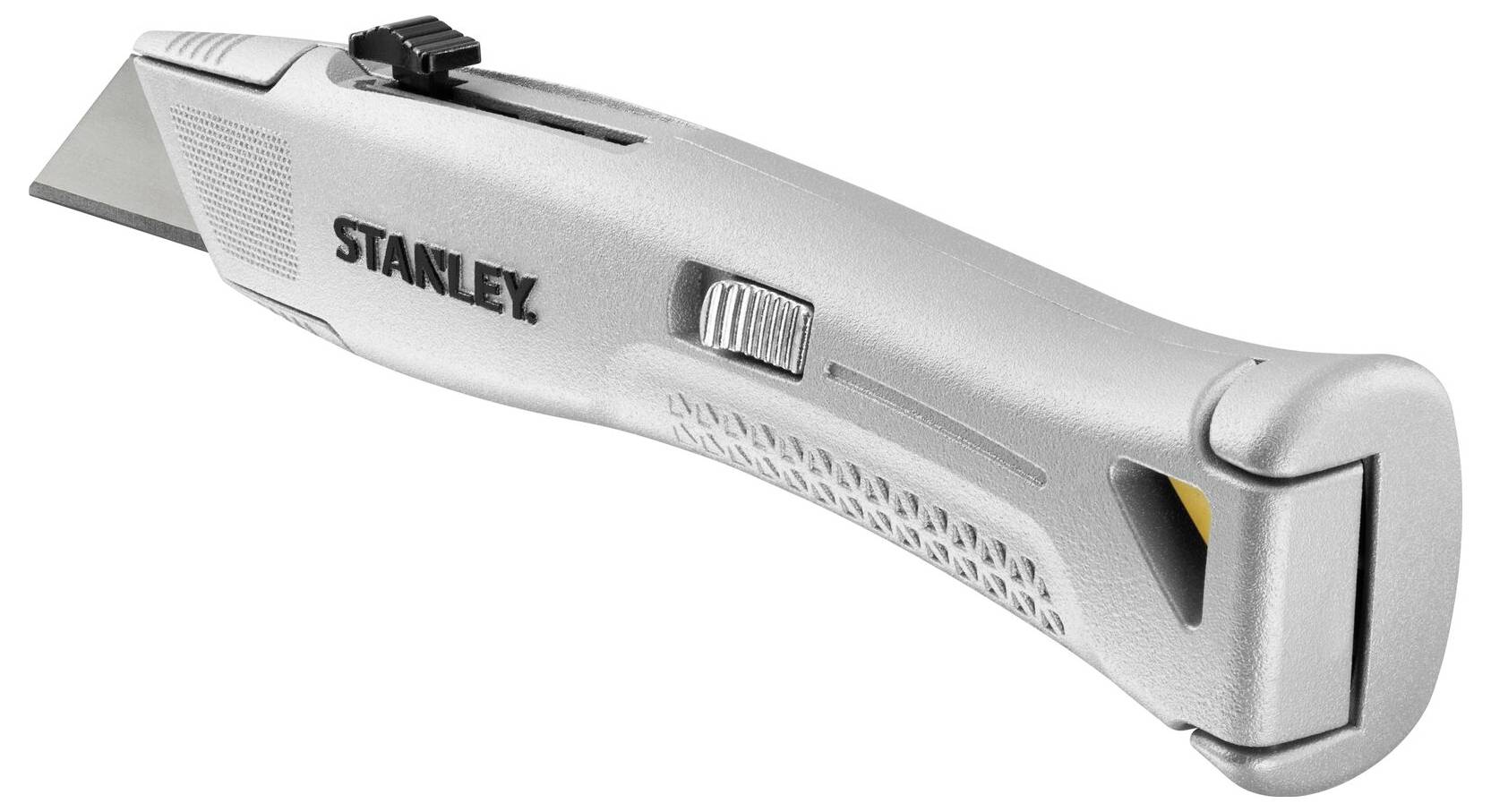 Stříbrný univerzální nůž s vysouvacím čepelí a černým posuvníkem na horní straně. Na rukojeti je vyryta ústav 'Stanley'.