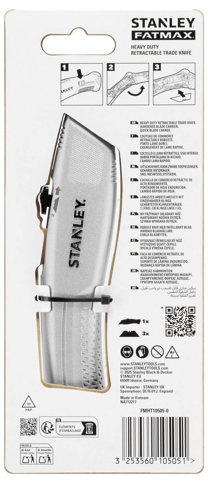 "Stanley Fatmax balicí nůž se zatahovací čepelí" obsahuje stříbrný nůž s pokyny pro výměnu čepele, včetně diagramů a textu.