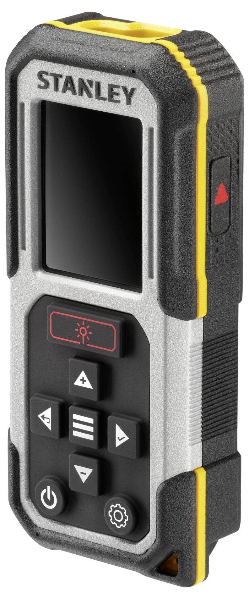 Přenosný digitální laserový dálkoměr se obrazovkou, numerickou klávesnicí a několika tlačítky, značený „STANLEY" v horní části.