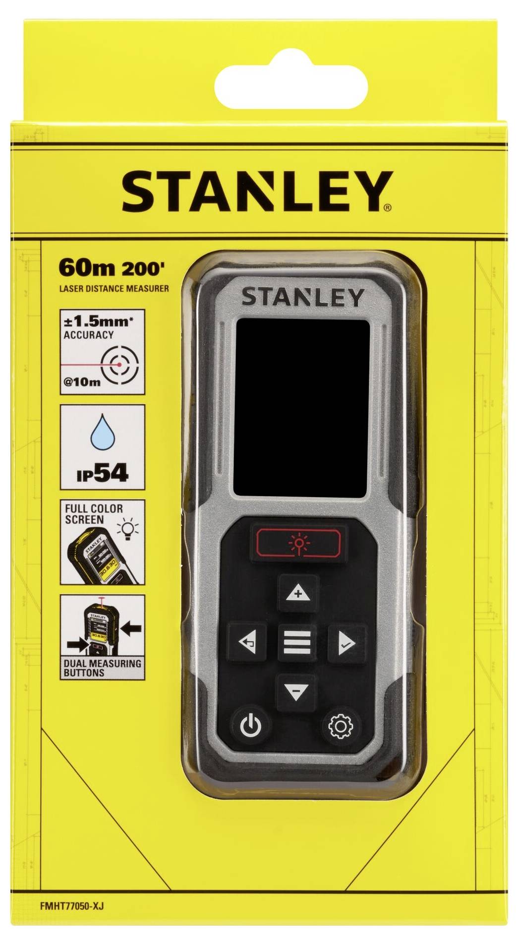 Stanley laserový dálkoměr, dosah 60m/200 stop, přesnost ±1,5 mm, barevný displej, ochranný gumový kryt, navržen pro přesné měření.