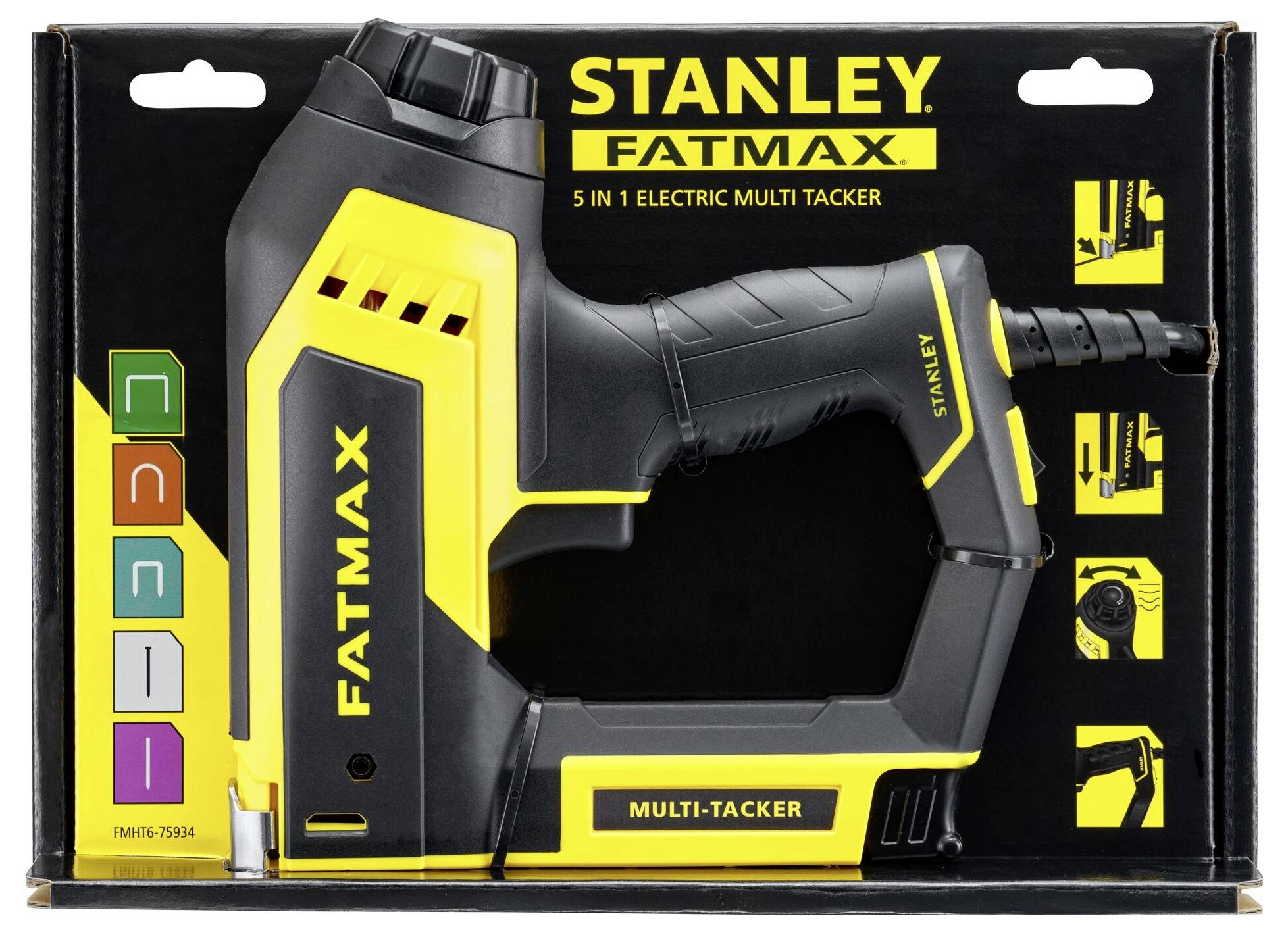 Stanley Fatmax víceúčelová hřebíkovačka v balení; elektrické nářadí se žlutým a černým designem; kompatibilní se sponkami a tenkými hřebíky.