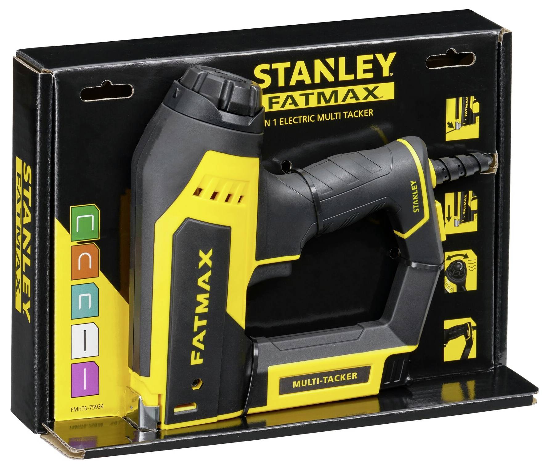 Elektrický více-nýtovač 'Stanley Fatmax' v černožlutém balení, který zdůrazňuje jeho všestrannost pro různé úkoly spojování.