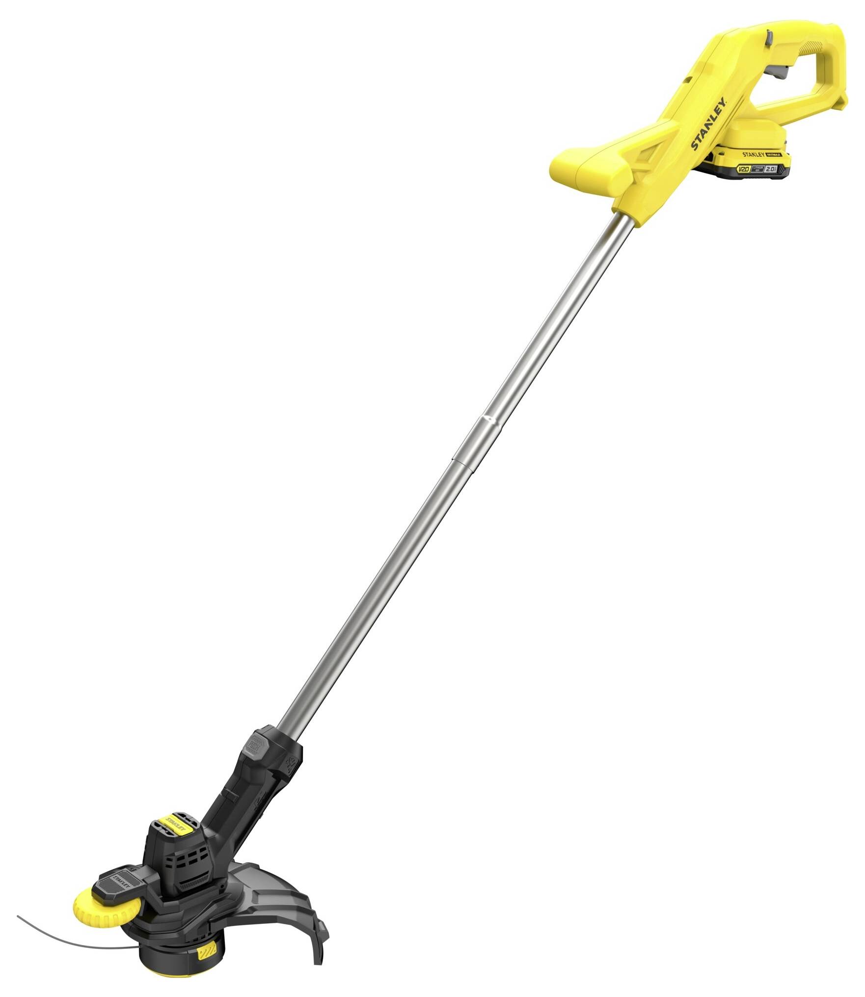 Bezdrátový strunový trimmer ve žluté a šedé barvě s ergonomickou rukojetí, určený k údržbě trávníku a zahrady.