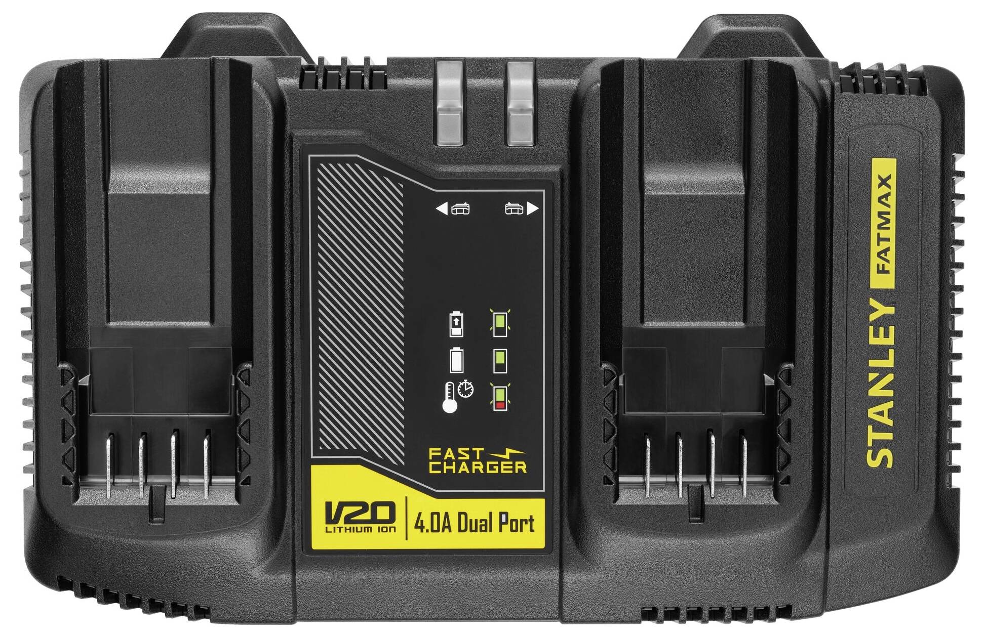 "STANLEY FATMAX V20 Rychlonabíječ, 4.0A Duální port" zařízení se dvěma nabíjecími sloty a indikačními světly v černo-žlutém designu.