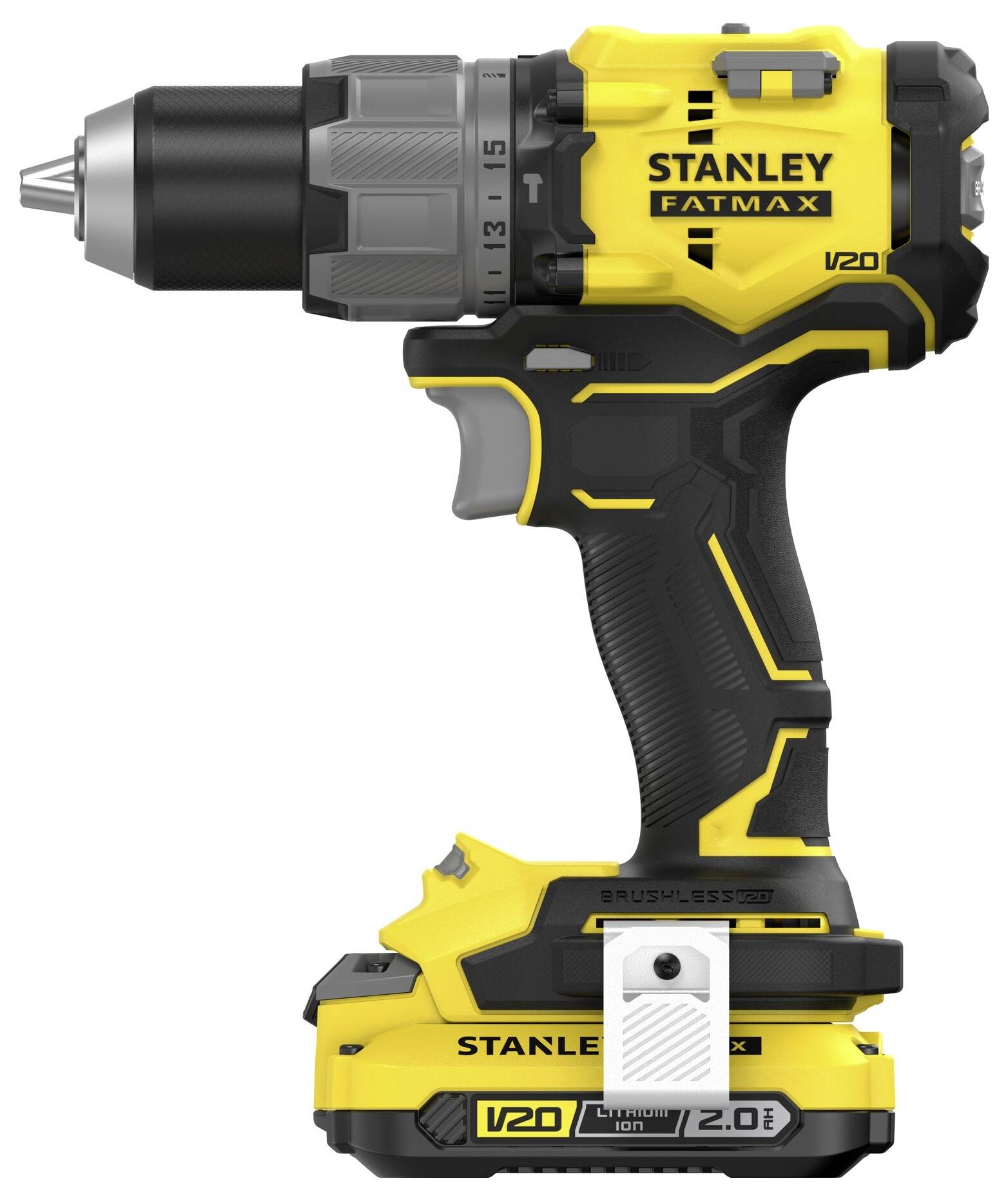 Žluto-černá bezdrátová vrtačka se štítkem "Stanley Fatmax V20" s kompaktním designem a ergonomickou rukojetí.
