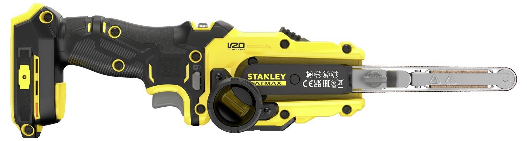 Žlutý a černý ruční elektrický nástroj s malou pilníkem řetězové pily, označený "Stanley Fatmax V20." Navržen pro detailní řezné práce.