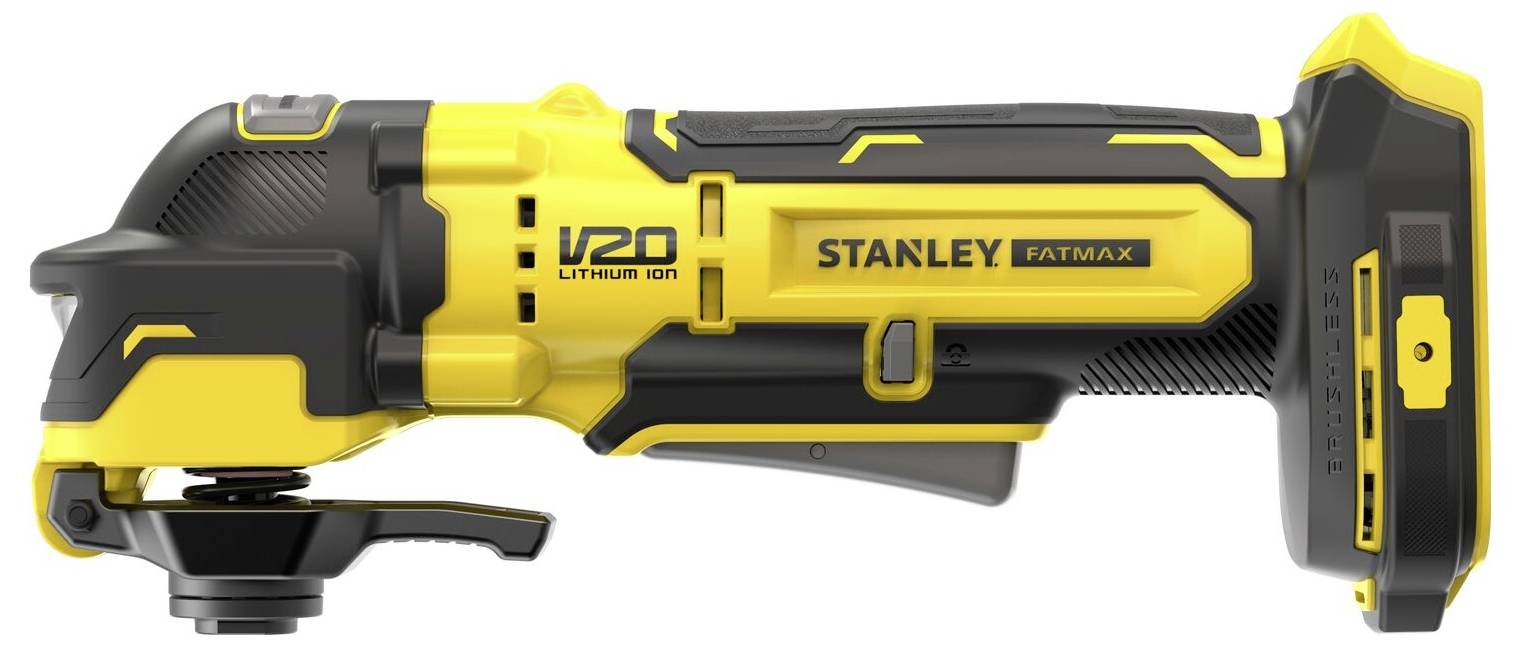 Žlutý a černý bezdrátový elektrickoutil značky Stanley FatMax V20 s lithium-iontovou baterií. Navržen pro řezací a brusné práce.