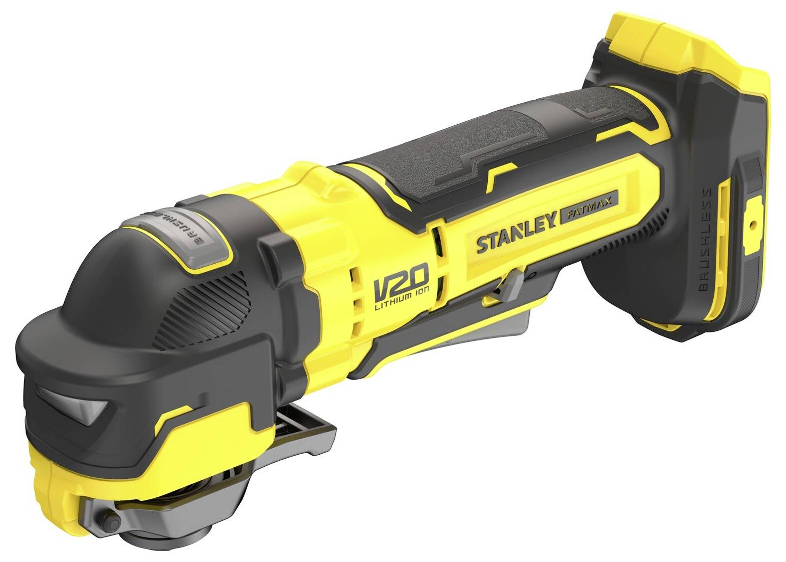 Bezdrátový elektrický nástroj Stanley s lithiovou iontovou baterií V20, vybavený bezkartáčovým motorem, převážně žlutý a černý.