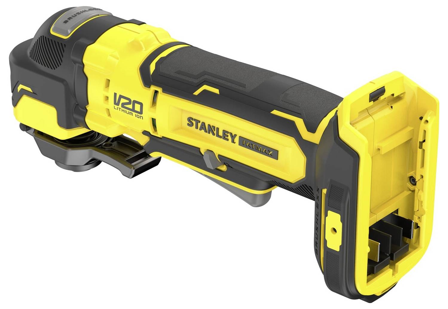 Žlutá a černá bezšňůrová úhlová bruska Stanley s označením "V20 Lithium Ion" zvýrazňující její kompaktní design a přihrádku na baterii.