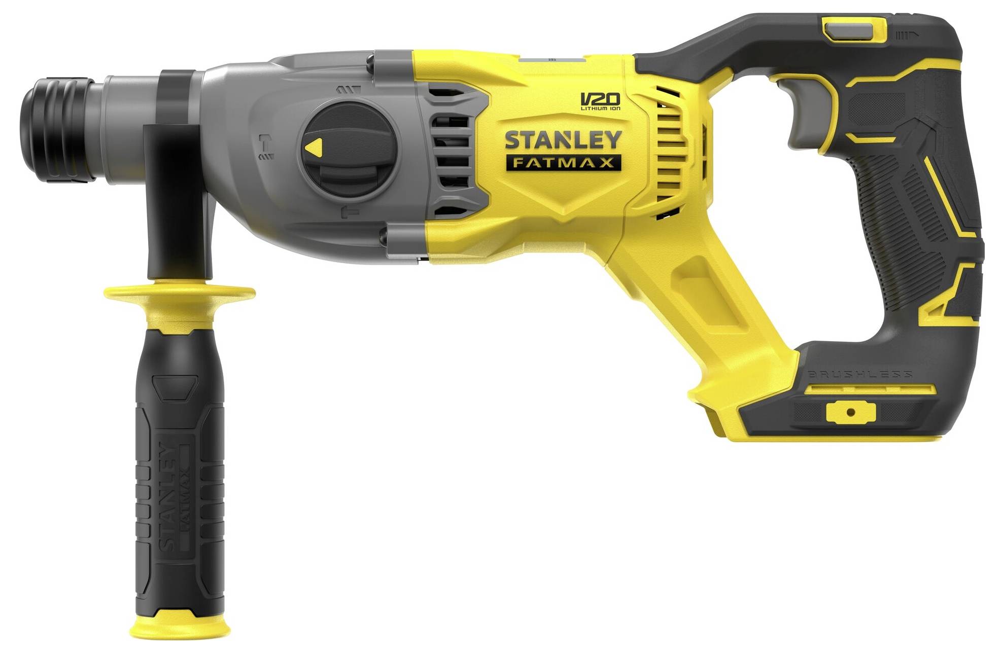 Žluto-černé rotační vrtací kladivo Stanley FatMax V20 s bočním madlem, určené pro těžké vrtání a demoliční práce.