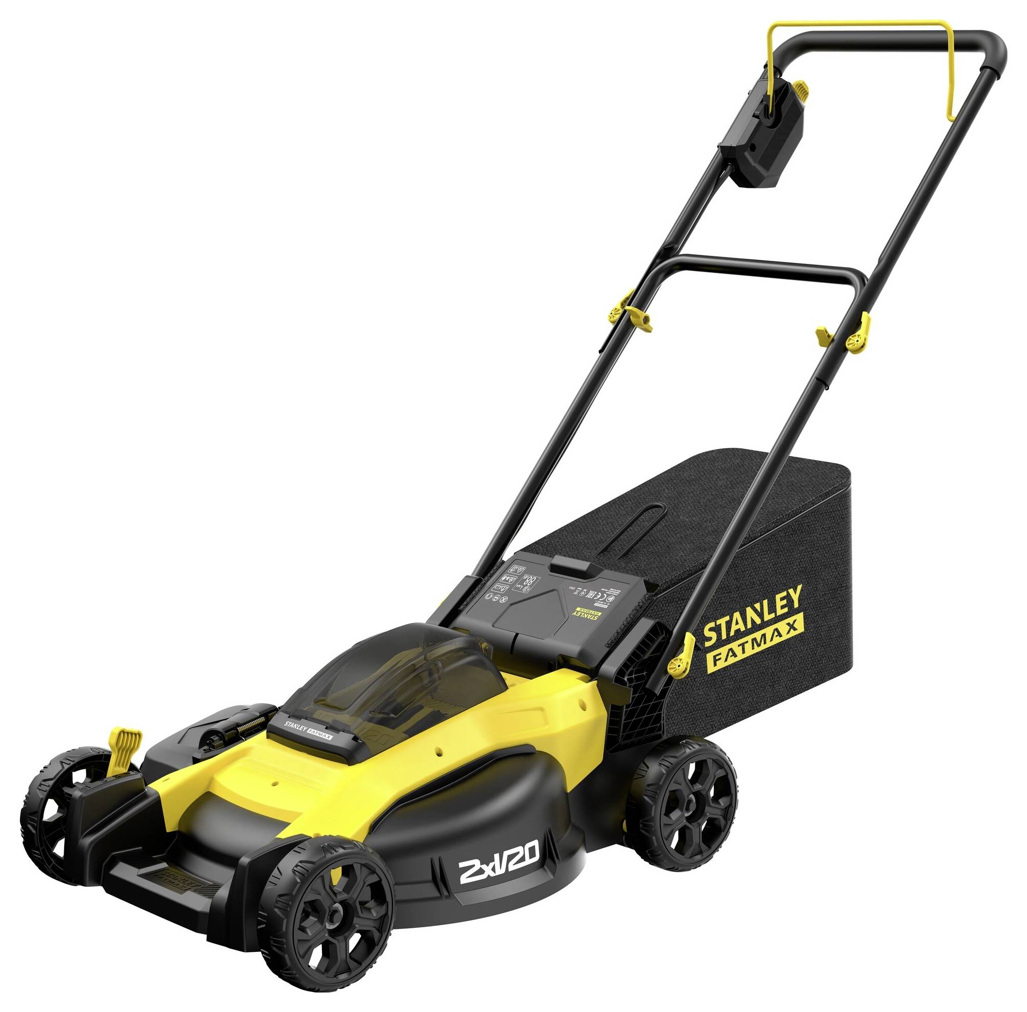 Žluto-černá sekačka na trávu s logem "Stanley Fatmax", vybavená pytlem na sběr trávy a ergonomickou rukojetí pro snadné manipulování.