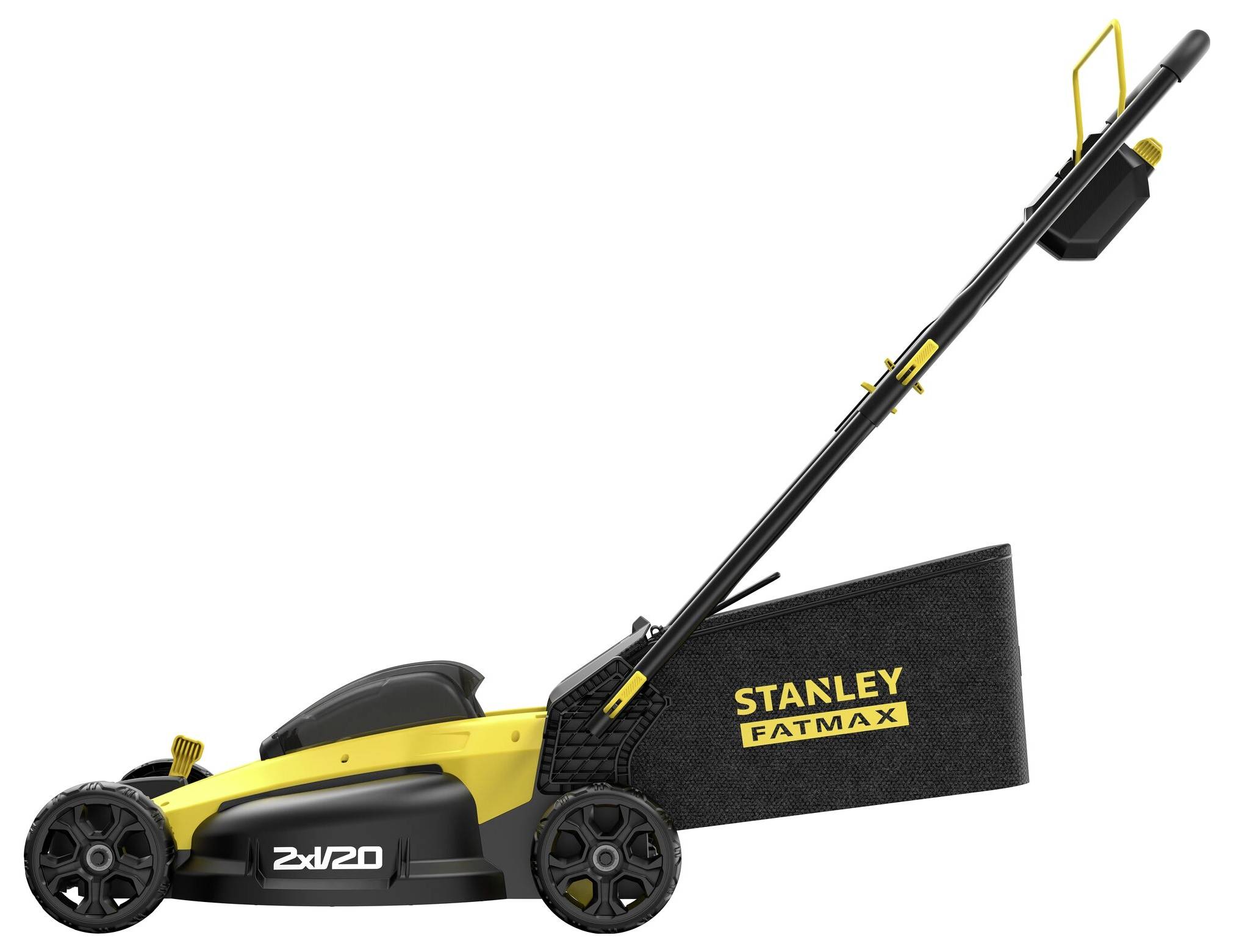 Žluto-černá sekačka na trávu značky "Stanley Fatmax" s zadním košem na trávu a nastavitelným madlem.