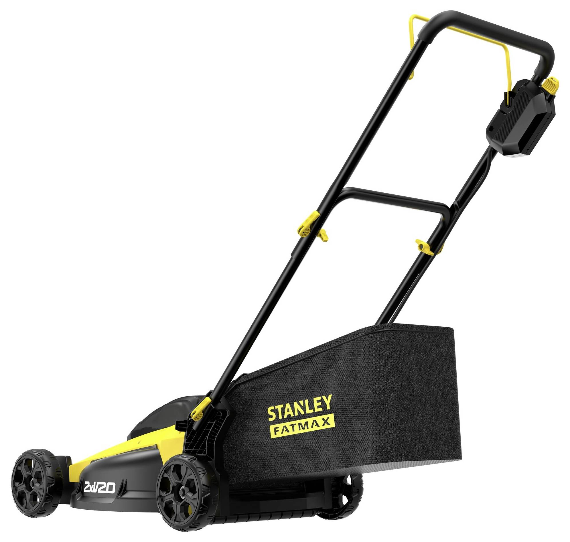 Žlutá a černá sekačka na trávu Stanley Fatmax na bílém pozadí, vyznačující se bezdrátovým designem s taškou na sběr trávy v zadní části.