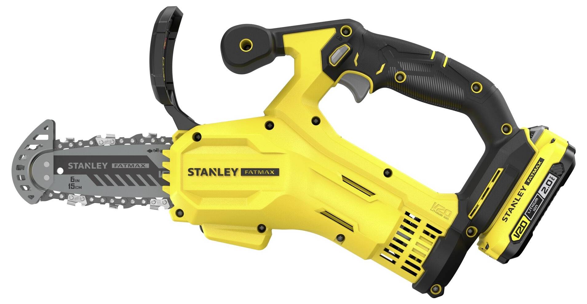 Žlutá a černá motorová pila Stanley Fatmax s kompaktním designem, vybavená baterií, ergonomickou rukojetí a bezpečnostními prvky.