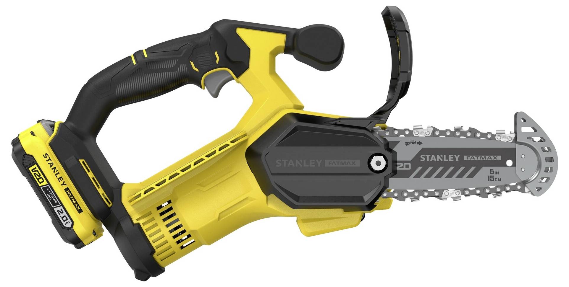 Žlutá a černá bezdrátová mini motorová pila s kompaktním designem a ergonomickou rukojetí, vhodná pro malé řezné práce.
