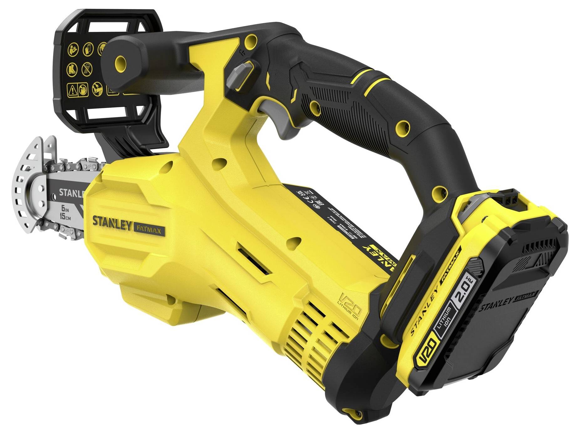 Žlutá a černá bezdrátová ruční pila Stanley se nabíjecí baterií, určená pro řezání dřeva v DIY projektech nebo zahradničení.