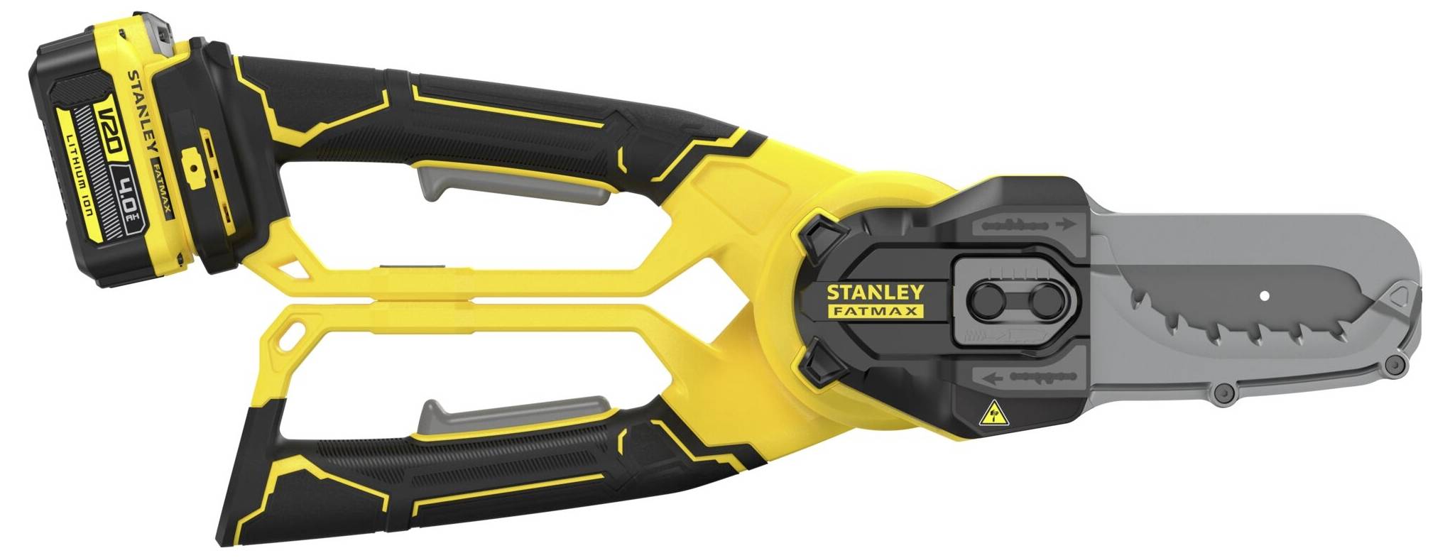 Žlutá a černá bateriová minipilka se ostrým listem, označená značkou "Stanley Fatmax", navržená pro přesné řezné práce.