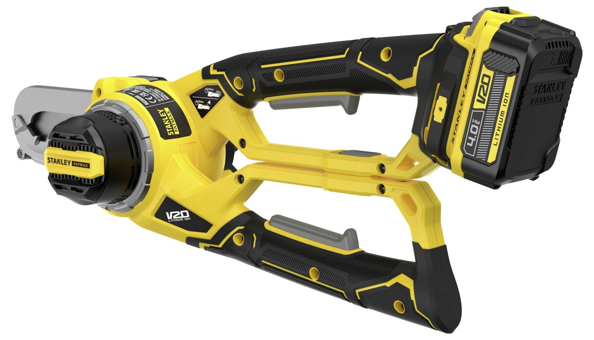 Žlutá a černá bezdrátová pila na prořezávání s nabíjecí baterií, označená "Stanley Fatmax V20".