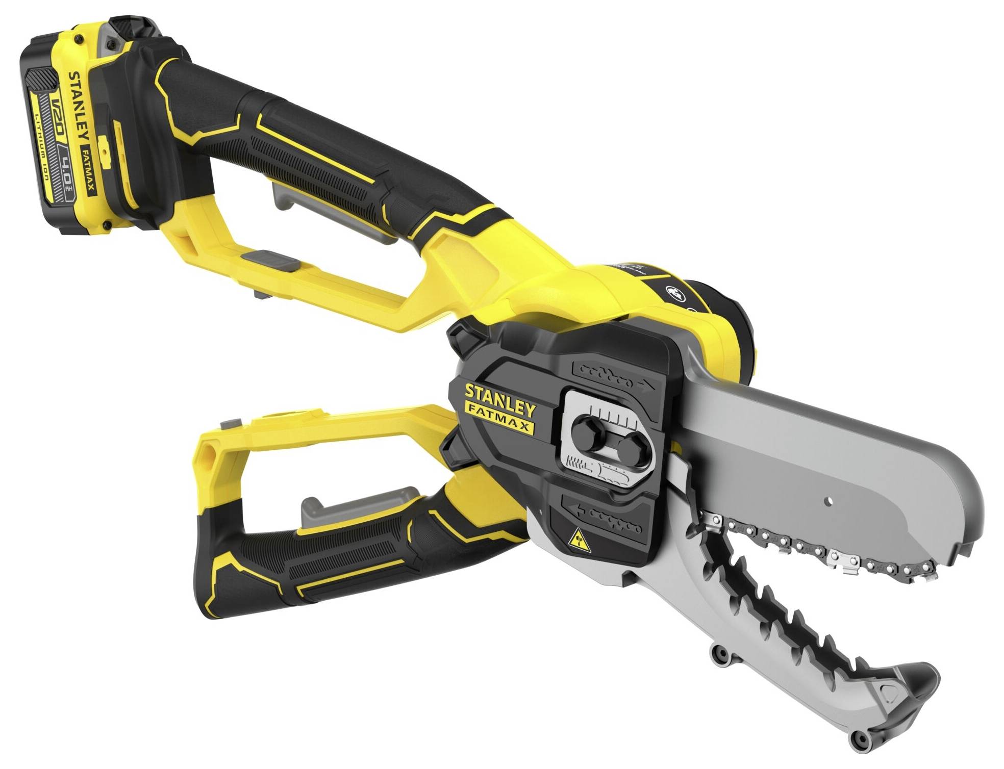 Žluté a černé ruční motorové pily s kompaktním designem, vybavené nabíjecí baterií a ergonomickými rukojetěmi.