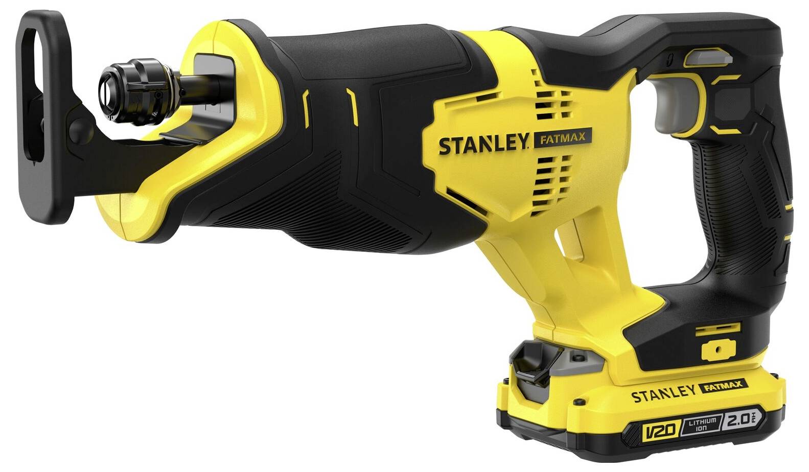 Žlutá a černá bezdrátová pilka na podélný řez Stanley FatMax s ergonomickou rukojetí a lithium-iontovou baterií na základně.