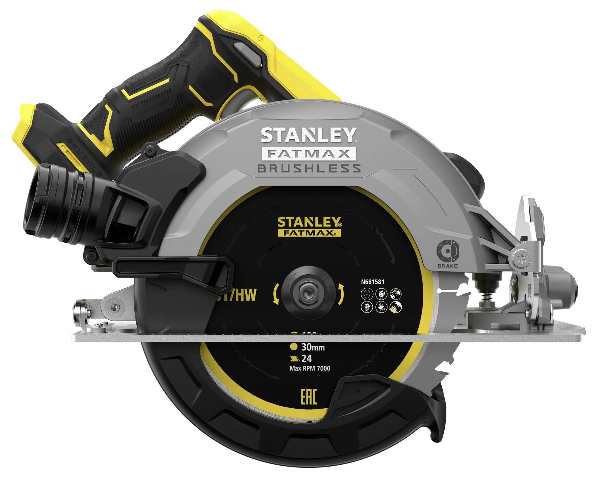 Bezdrátová okružní pila označená "Stanley Fatmax Brushless", ukazující svůj boční profil s černožlutým designem.