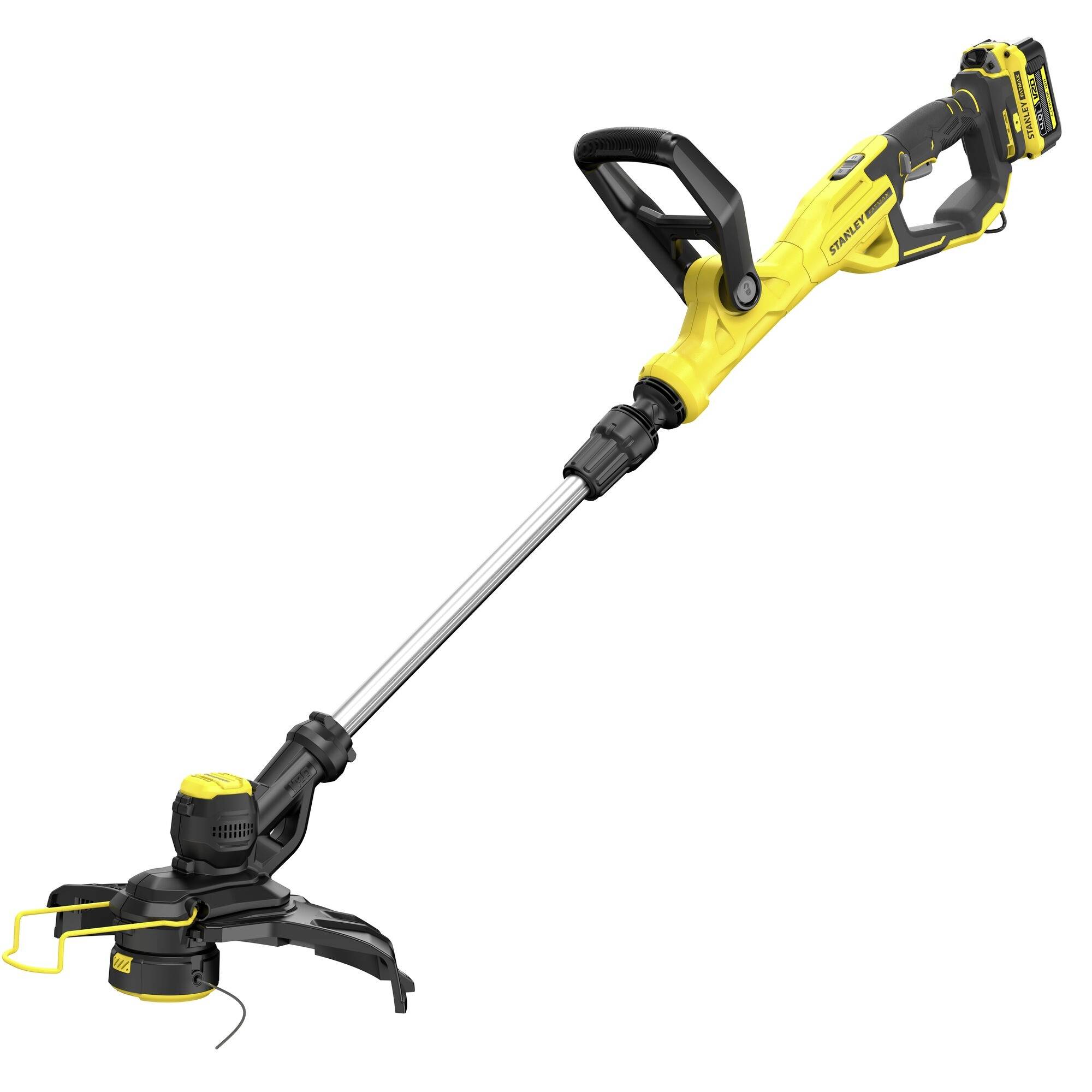 Žluto-černá bezdrátová strunová sekačka s nastavitelným hřídelem a ergonomickou rukojetí pro údržbu zahrady a trávníku.