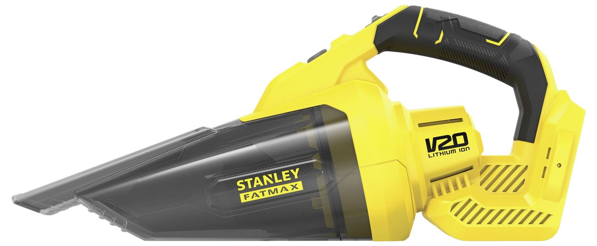 Žlutý a černý ruční vysavač s označením 'Stanley Fatmax' a štítkem 'V20 Lithium Ion', který naznačuje bezdrátový výkon.